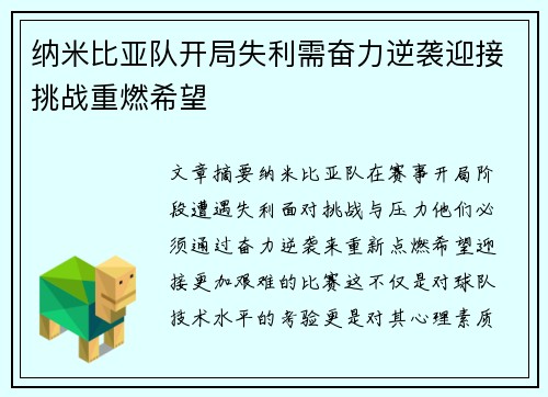 纳米比亚队开局失利需奋力逆袭迎接挑战重燃希望